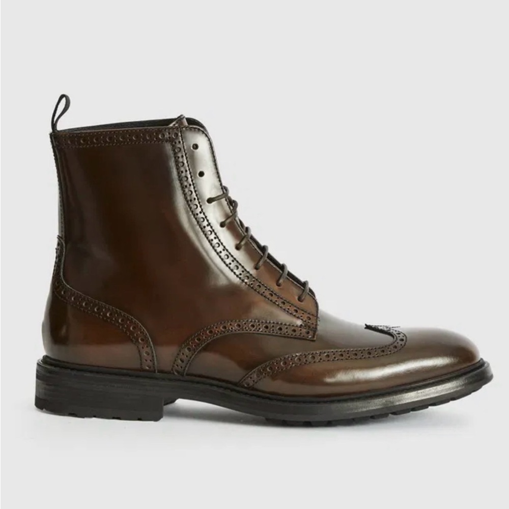 Reiss Stepney Brogue Detail Brown Leather Boots US Size 9 Made in Italy